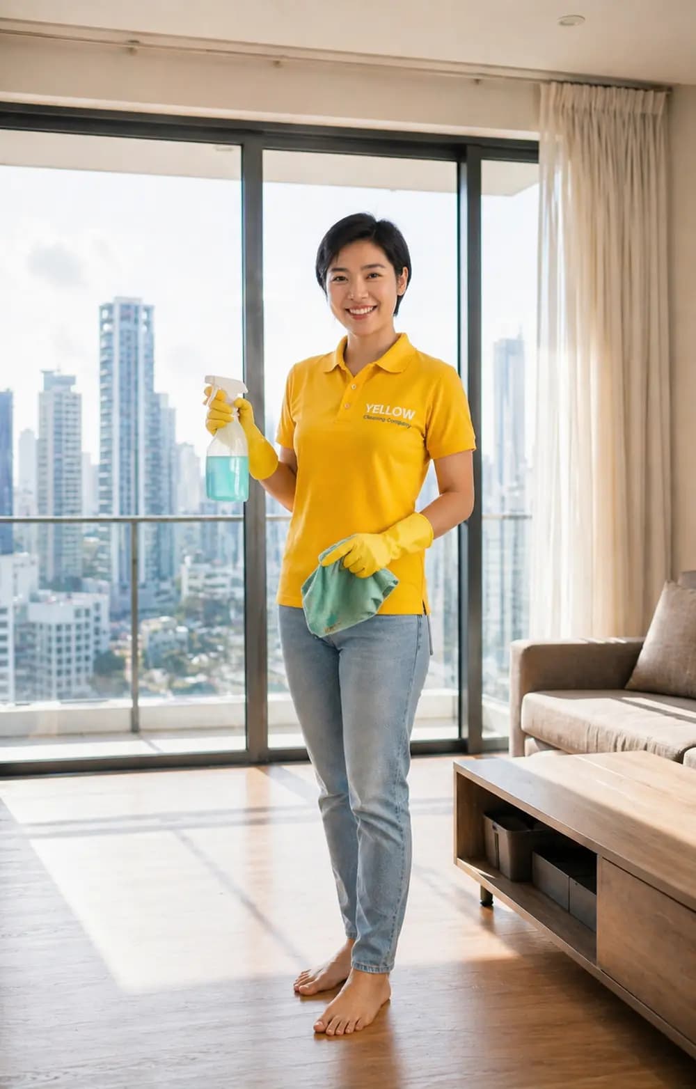 Yellow cleaner wiping a condo window