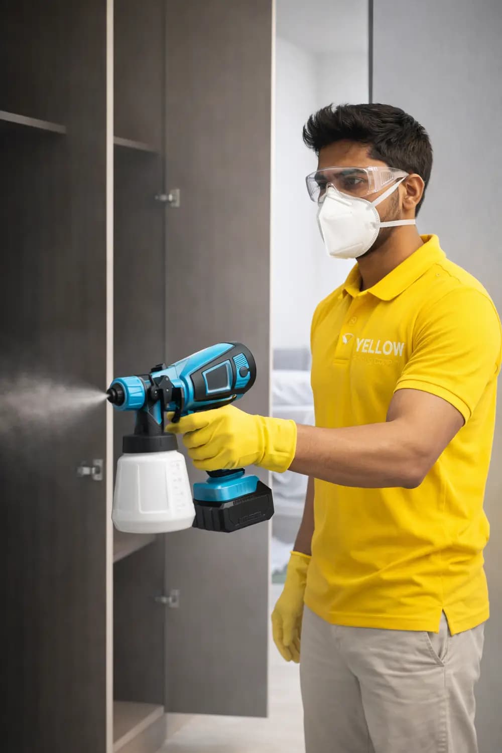 Yellow team member spray-painting an interior wall