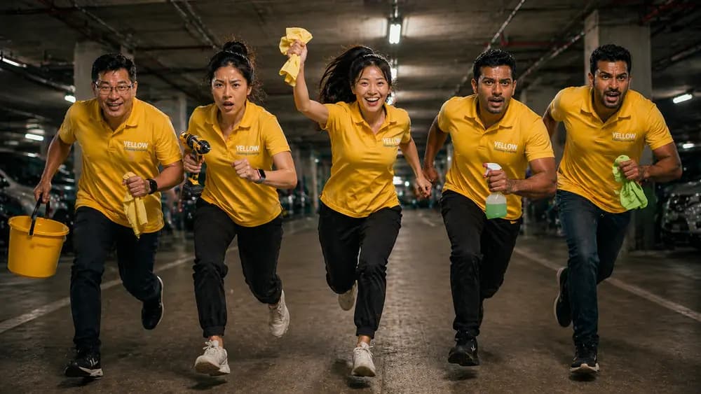 Five Yellow team members heading to a job with cleaning equipment
